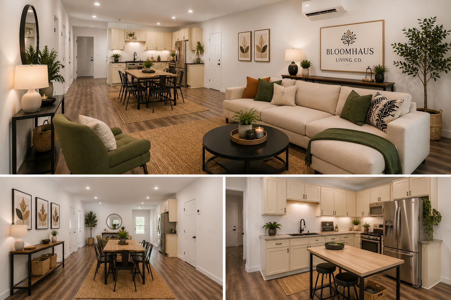 BloomHaus Living Co. open-plan shared living room and kitchen