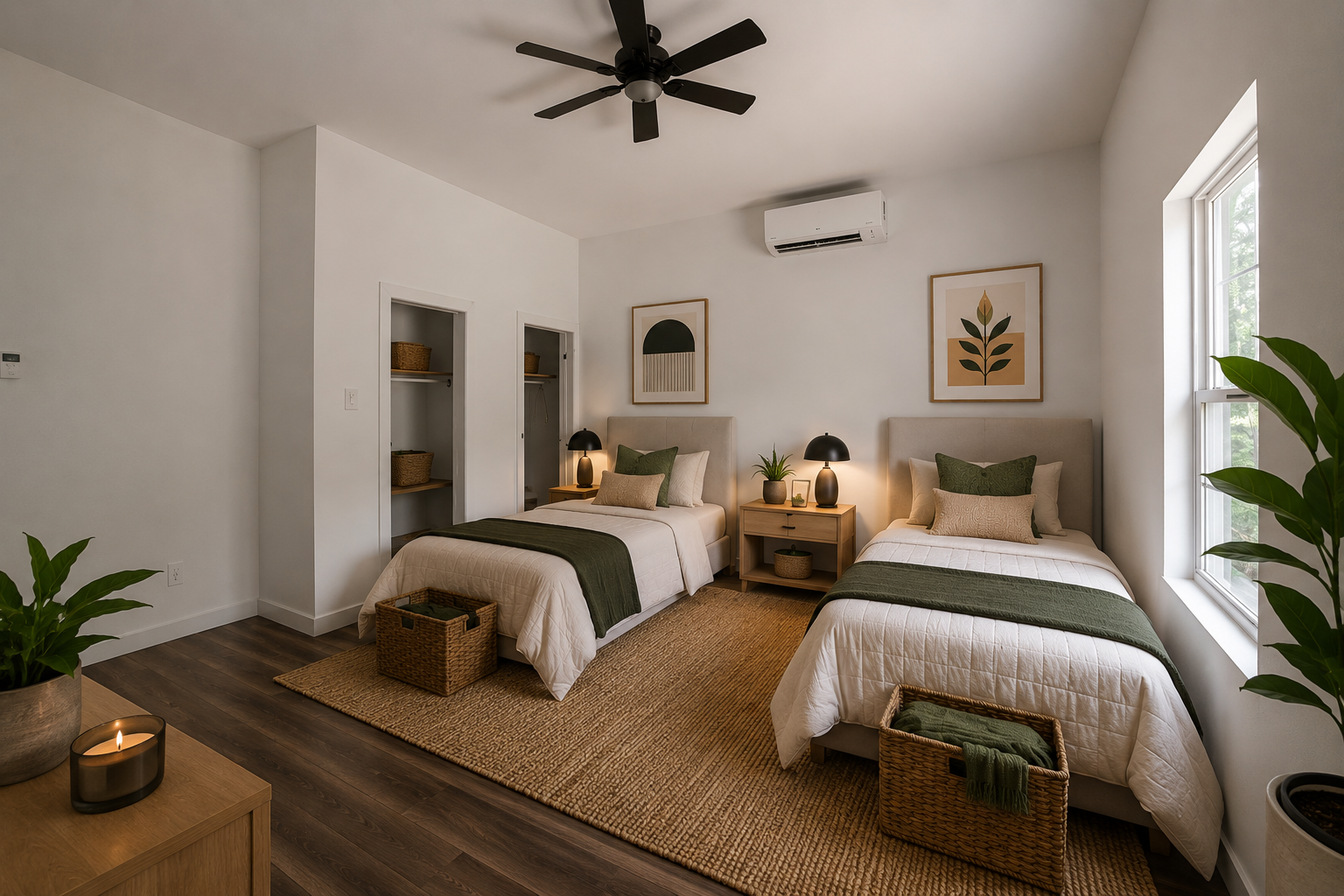 Bright twin bedroom with neutral bedding, olive accents, and natural textures
